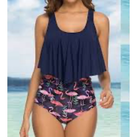 Shmily Womens High Waisted Tummy Control Flounce Racerback Vintage Two Piece - Picture 1 of 4